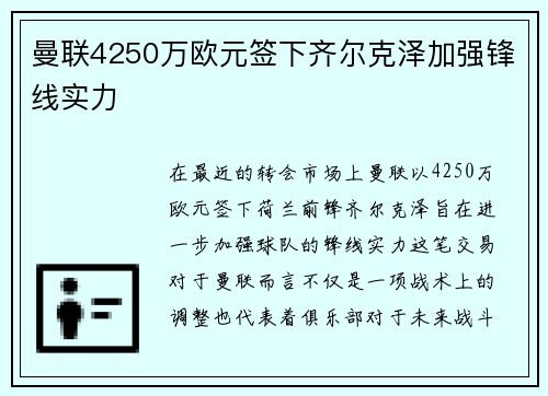 曼联4250万欧元签下齐尔克泽加强锋线实力